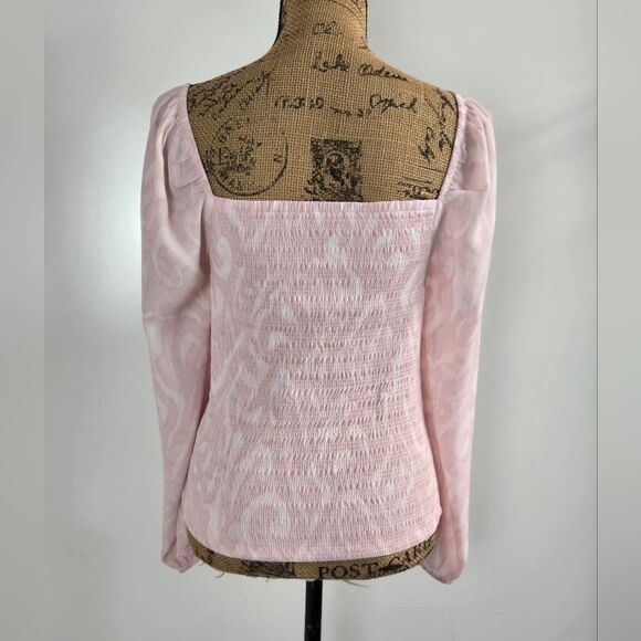 HALOGEN Smocked Long Puff Sleeve Blouse Sz S Light Pink & White - Picture 3 of 6